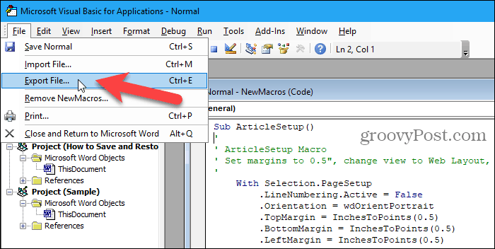 Gehen Sie zu Datei> Datei im VBA-Editor in Word exportieren