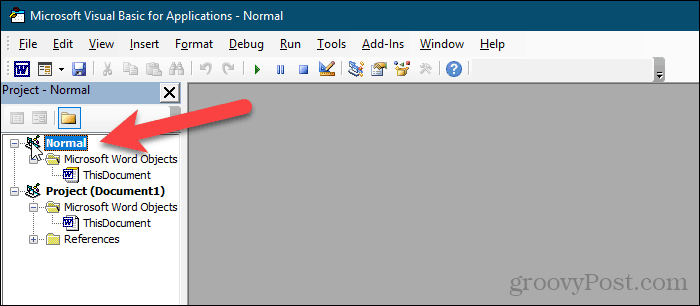 Wählen Sie Normales Projekt im VBA-Editor in Word