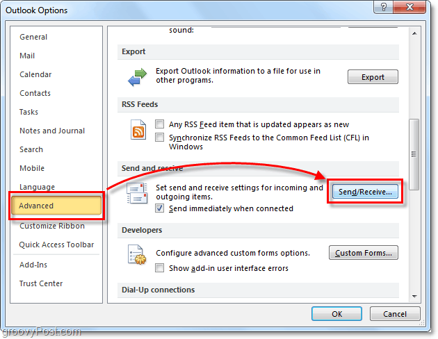 opzioni avanzate di invio e ricezione in Outlook 2010