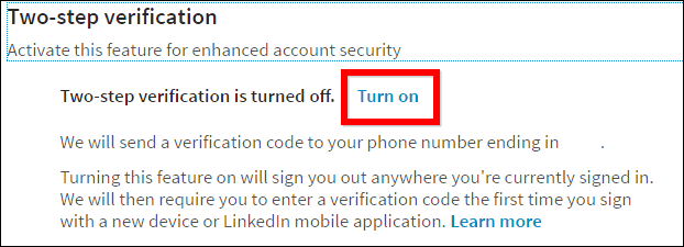 Linkedin sekretess aktiverar tvåstegsverifiering