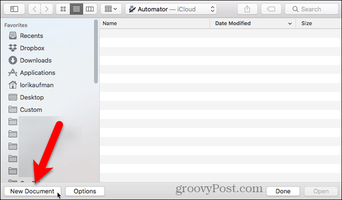 Clique em Novo documento no Automator