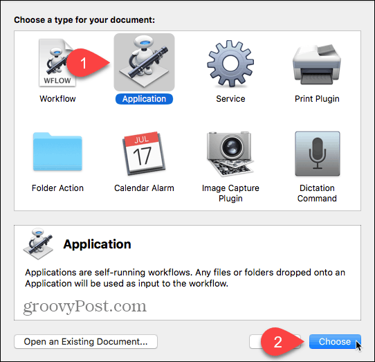 เลือกแอปพลิเคชันเป็นประเภทเอกสารใน Automator