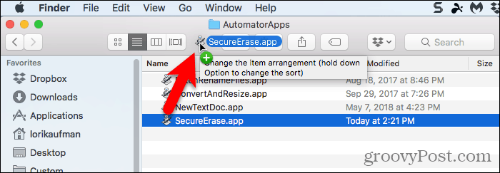 Arraste o aplicativo Automator para a barra de ferramentas do Finder