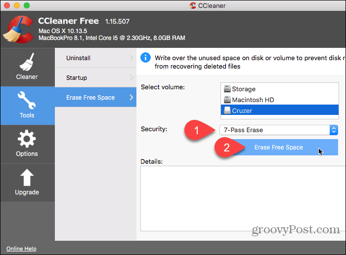 Sélectionnez Sécurité et cliquez sur Effacer l'espace libre dans CCleaner