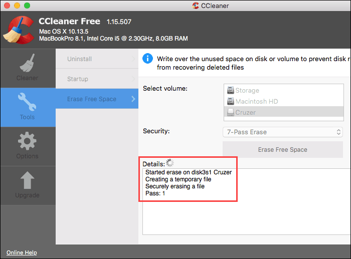 Effacement sécurisé en cours dans CCleaner