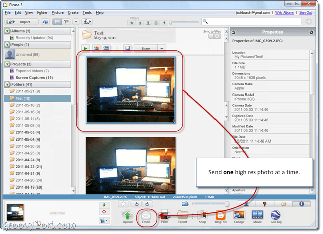 e-mailen van foto's met hoge resolutie in Picasa 