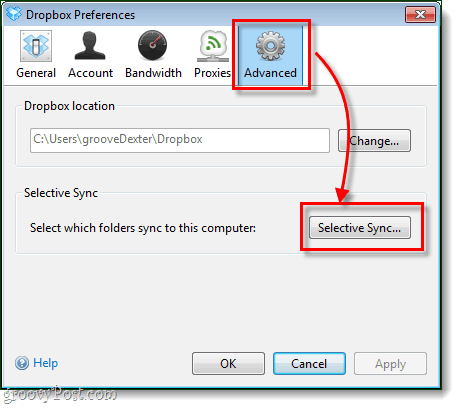 dropbox การตั้งค่าขั้นสูงเลือกการซิงค์