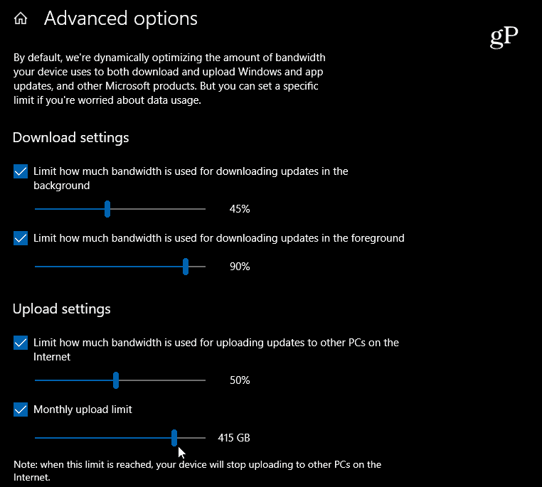 Windows 10 Définir les paramètres de téléchargement et de téléchargement de bande passante