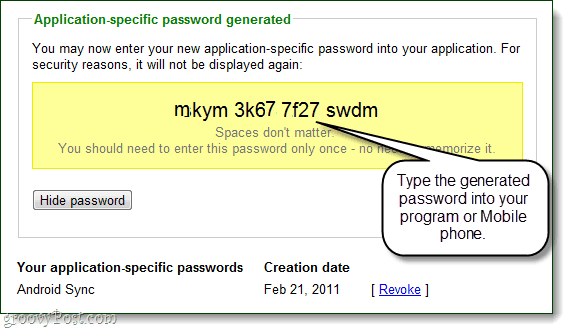 konkretaus taikymo slaptažodis, kurį „Google“ sukūrė jūsų paskyrai