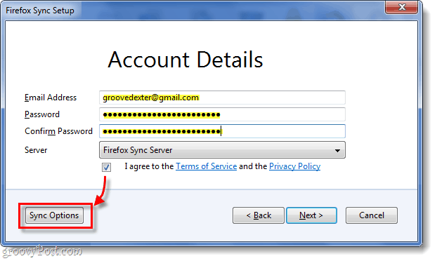 firefox synchronizace detailů účtu, tlačítko možností synchronizace