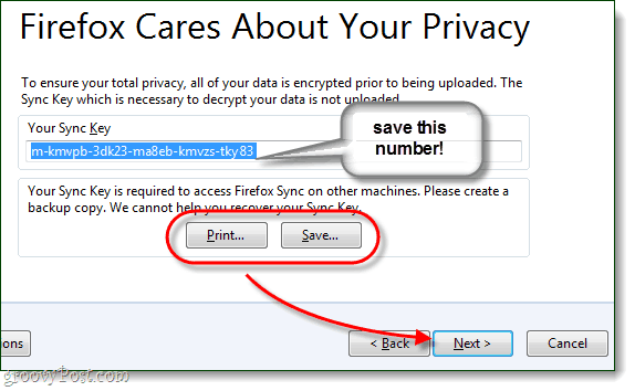 uložte synchronizační klíč firefox, velmi důležité