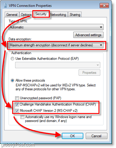 Ändern Sie die Sicherheitseinstellungen in Datenverschlüsselung = Verschlüsselung mit maximaler Stärke und aktivieren Sie sowohl Chap als auch Chap V2