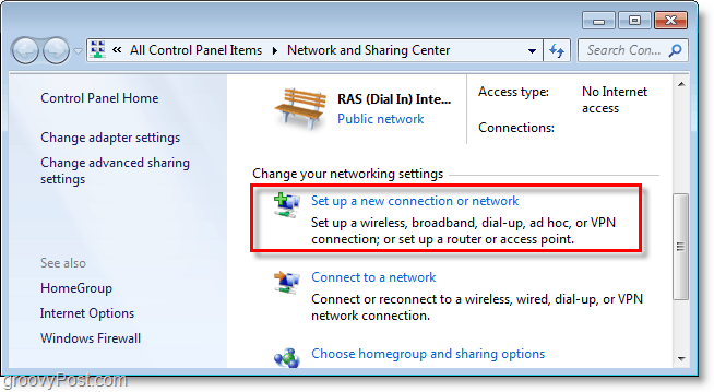 määritä uusi yhteys tai verkko Windows 7: ään