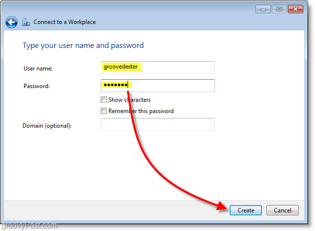 사용자 이름과 암호를 입력 한 다음 Windows 7에서 연결을 만듭니다