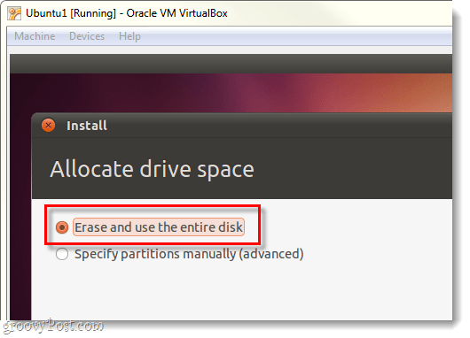 effacez et utilisez le disque entier pour ubuntu