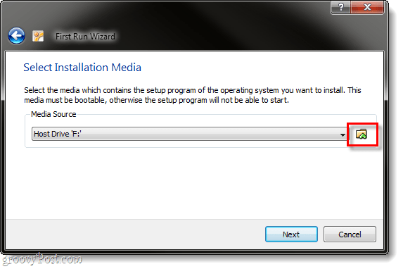 sélectionnez le support d'installation virtualbox ubuntu