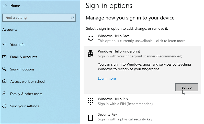 Windows Hello sormenjälki