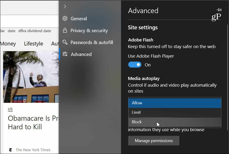 Edge Geavanceerde instellingen Media Autoplay