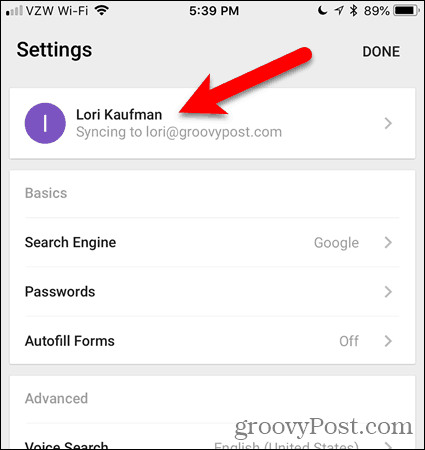 Pieskarieties konta nosaukumam pārlūkā Chrome operētājsistēmai iOS