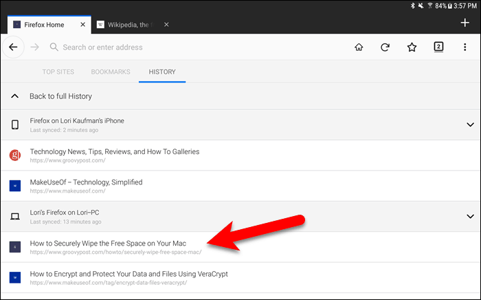 แตะที่แท็บที่เปิดบนอุปกรณ์อื่นใน Firefox สำหรับ Android