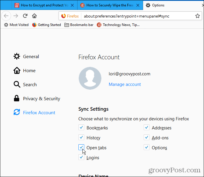 Pažymėkite Atidaryti skirtukus, esančius „Firefox for Windows“ skiltyje Sinchronizavimo nustatymai