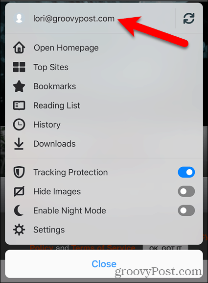 Dodirnite e-poštu računa u Firefoxu za iOS