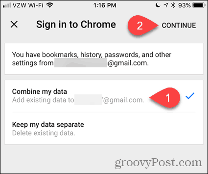 รวมข้อมูลของฉันใน Chrome สำหรับ iOS