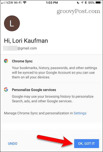 انقر فوق موافق ، وحصلت عليه في Chrome لنظام التشغيل iOS