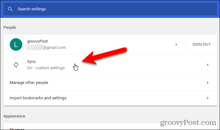 Fai clic su Sincronizza in Impostazioni in Chrome per Windows