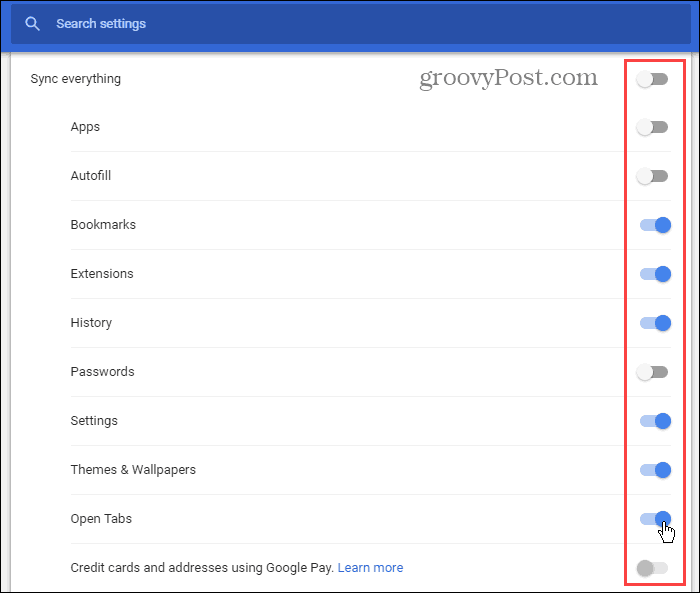 اختر ما تريد مزامنته