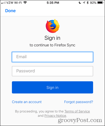 İOS için Firefox’a e-posta adresinizi ve şifrenizi girin