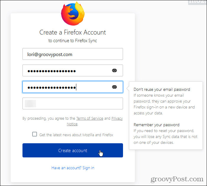 Firefox Sync hesabı oluşturun