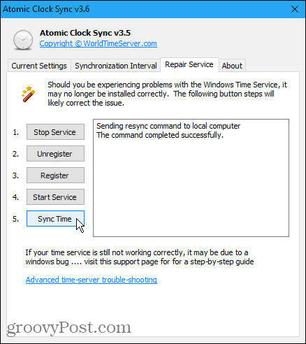 Reparasjonsservice-fanen i Atomic Clock Sync