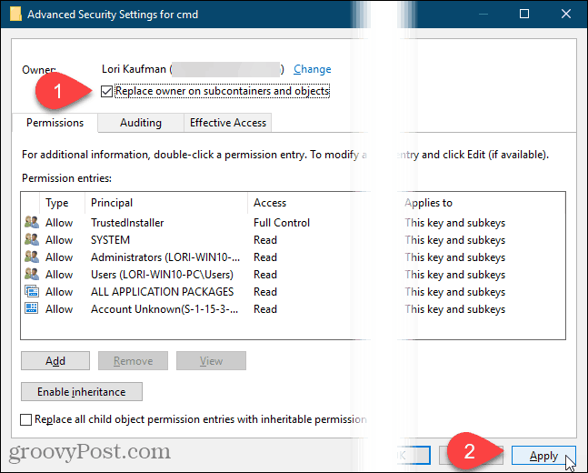 Cliquez sur Appliquer dans la boîte de dialogue Paramètres de sécurité avancés dans le registre Windows.