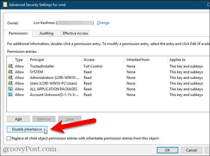 Cliquez sur Désactiver l'héritage dans la boîte de dialogue Paramètres de sécurité avancés du registre Windows.