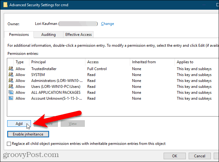 Cliquez sur Ajouter dans la boîte de dialogue Paramètres de sécurité avancés dans le registre Windows.