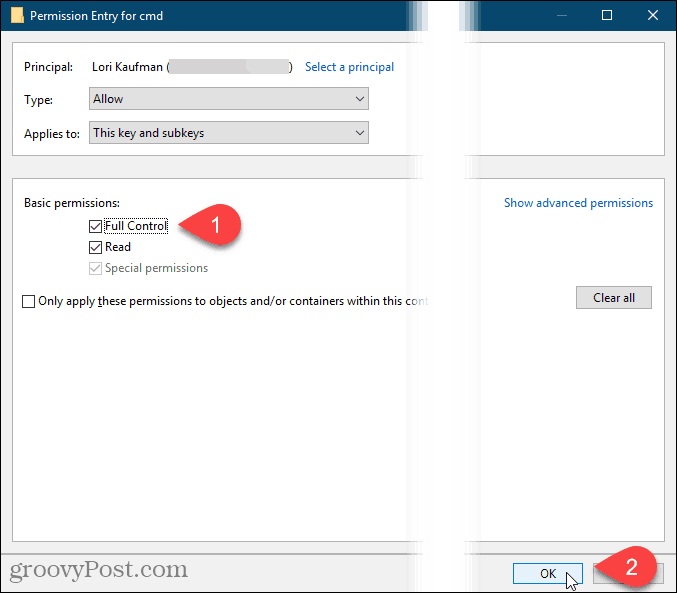 Cochez Contrôle total et cliquez sur OK dans la boîte de dialogue Saisie des autorisations dans le registre Windows.