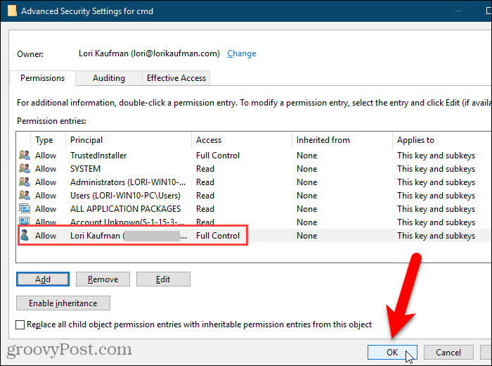 Fermez la boîte de dialogue Paramètres de sécurité avancés dans le registre Windows.