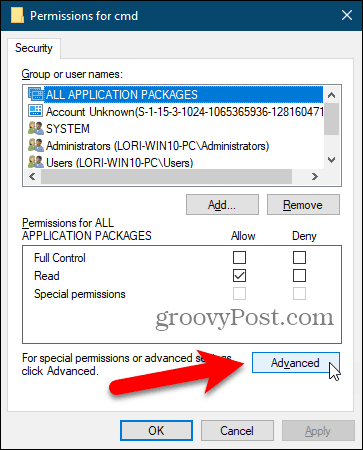Cliquez sur Avancé dans la boîte de dialogue Autorisations dans le registre Windows.