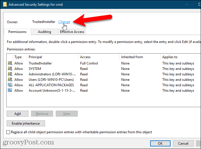 Cliquez sur le lien Changer pour le propriétaire d'une clé dans le registre Windows.