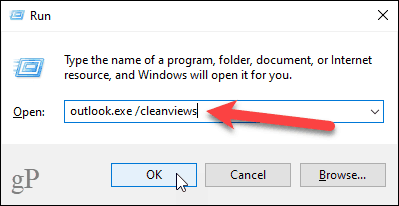 ป้อน outlook / cleanviews ในกล่องโต้ตอบ Run