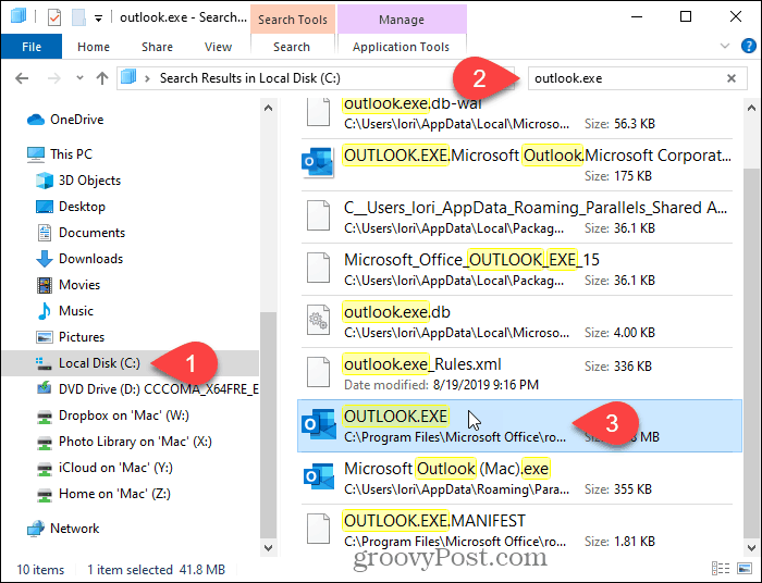 ค้นหา Outlook ใน File Explorer