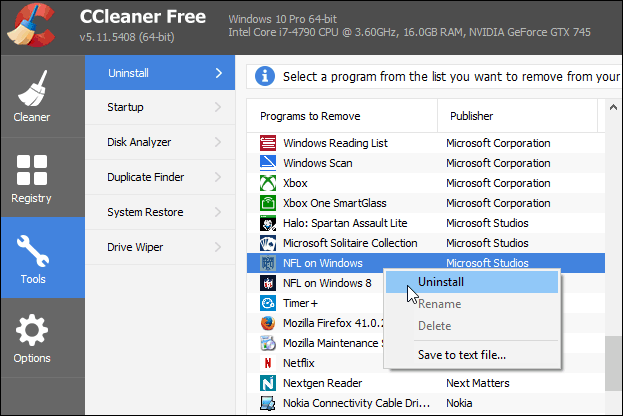 CCleaner Evrensel Uygulamaları Kaldırma