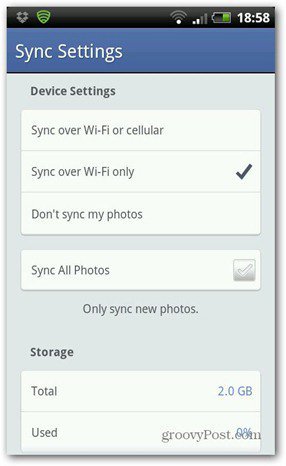 Impostazioni di sincronizzazione delle foto di Facebook