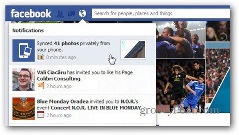 notificação de sincronização de fotos do facebook