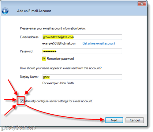 Windows Live Mail에서 수동으로 핫메일 구성