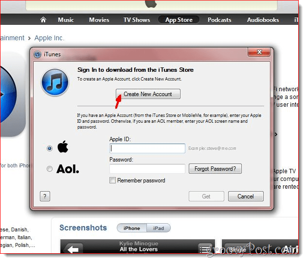iTunes - Kliknite Stvori novi račun