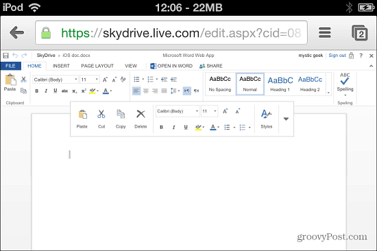 Sukurkite naują „Word“ failą „SkyDrive iOS“