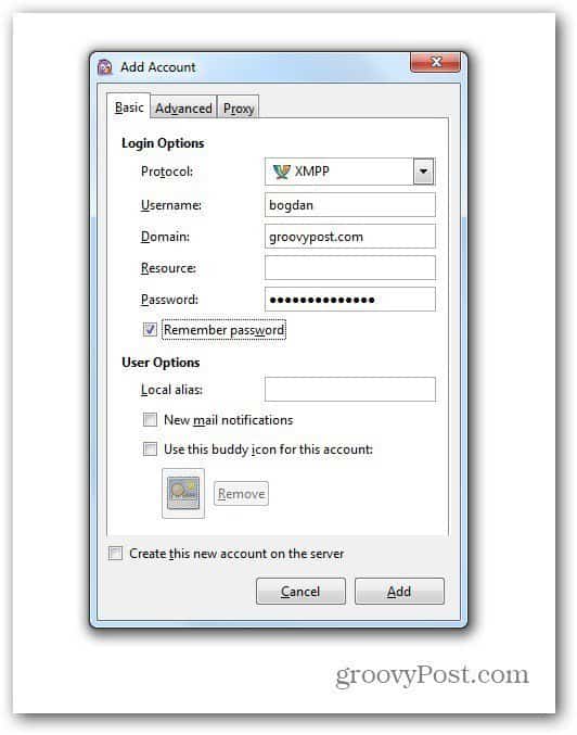 pidgin manage accounts insert data