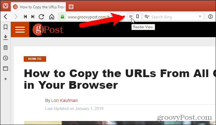 Klik op Reader View in de adresbalk in Vivaldi